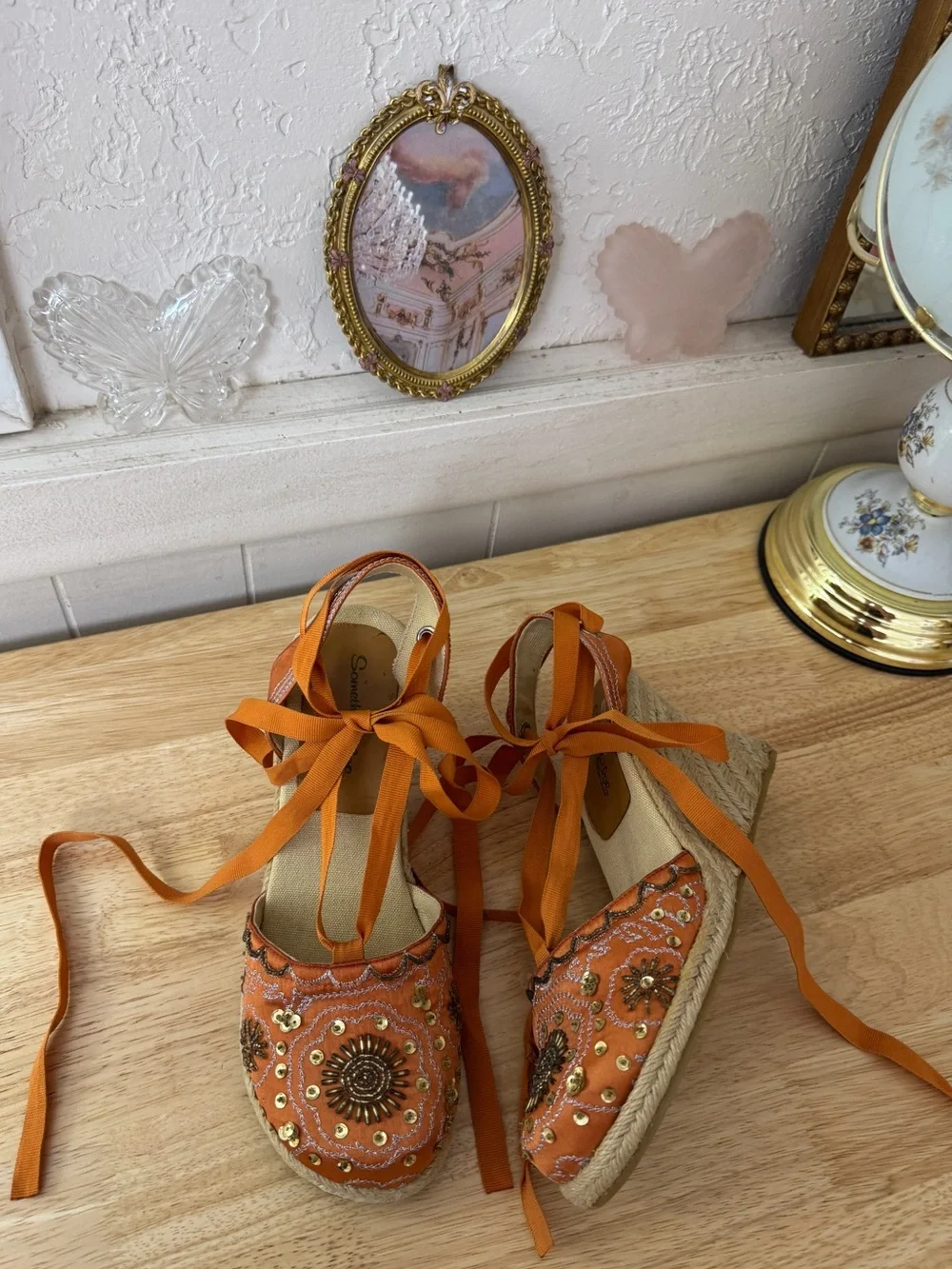 Skechers Orange Embellished Espadrille Lace-Up Wedge Sandals Size 8 Y2K Whimsy